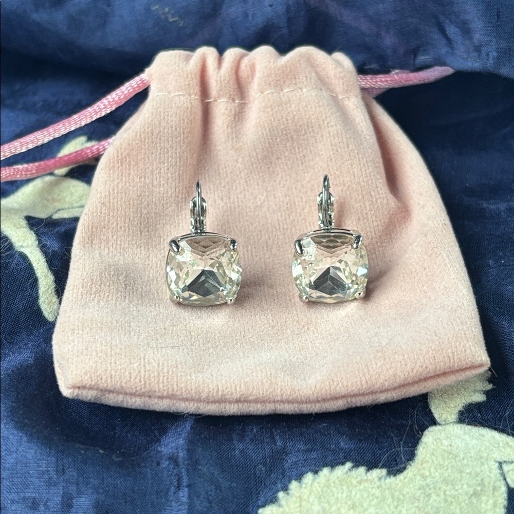 Kate Spade Silver Tone Square Cushion-Cut Crystal Drop Earrings Lever-back Close